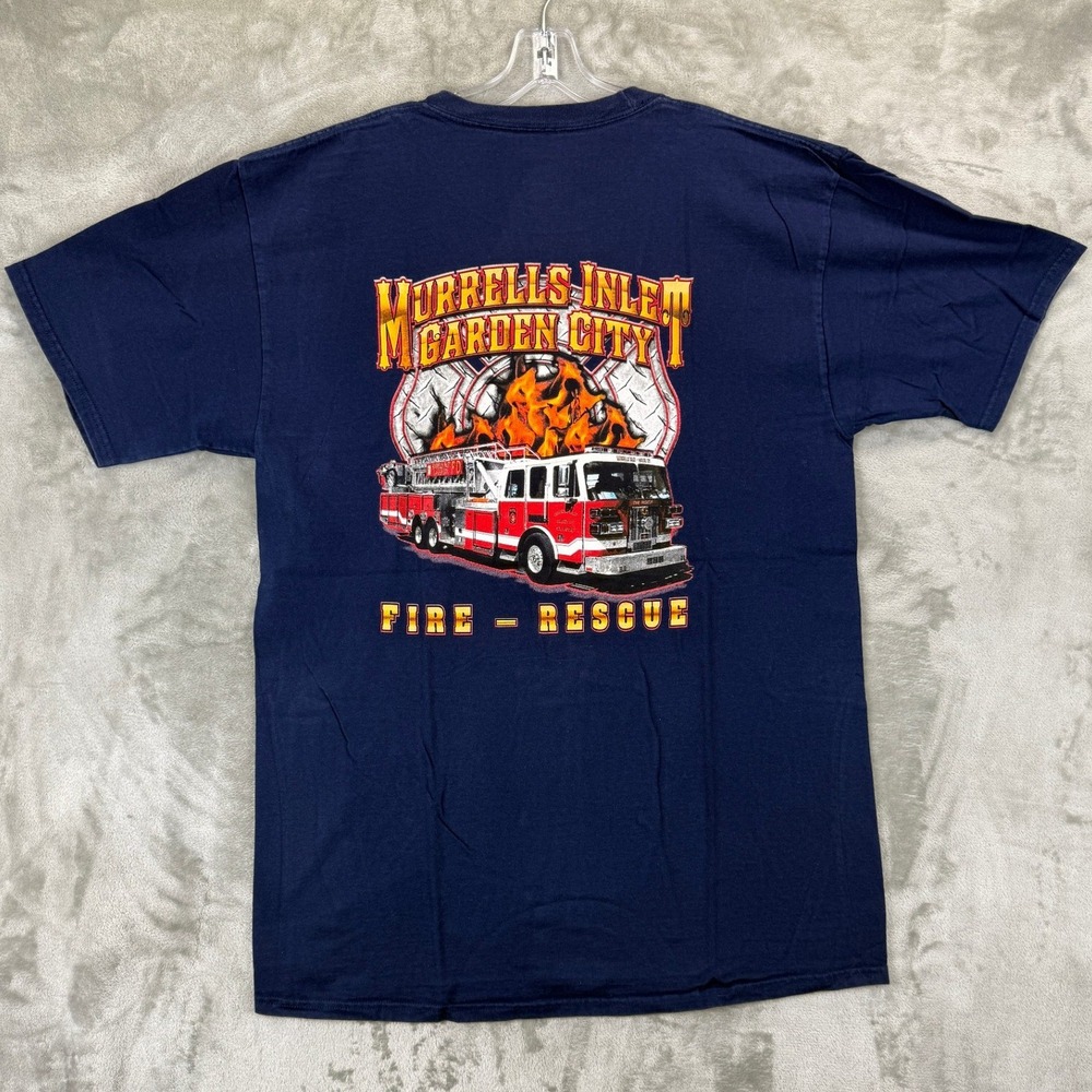 VTG Hanes Beefy-T Murrells Inlet Garden City Fire Rescue Graphic Shirt Navy LT - Picture 2 of 7
